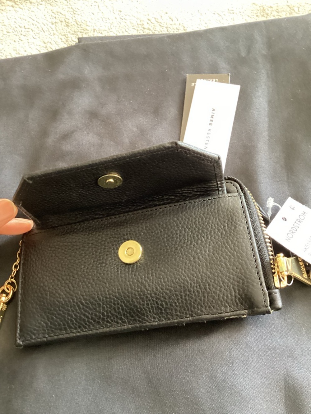 Aimee Kestenberg Black Pebbled Leather Zip Card Case with Gold Hardware - Picture 7 of 12